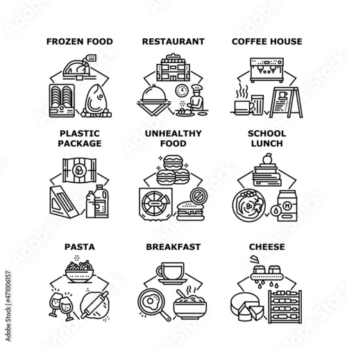 Food Restaurant Set Icons Vector Illustrations. Frozen Food In Plastic Package And Unhealthy Nutrition, Coffee House And Cafe, School Lunch And Breakfast, Pasta And Cheese Black Illustration