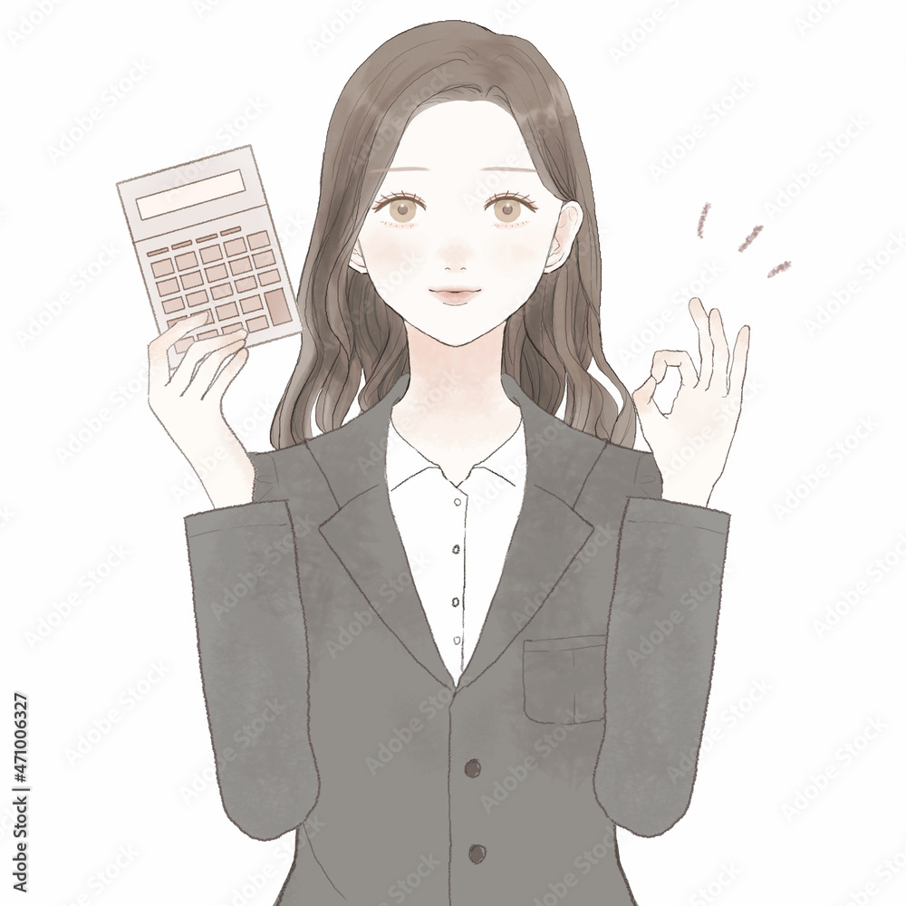 電卓を持つ、OKサインを出すスーツを着た女性
