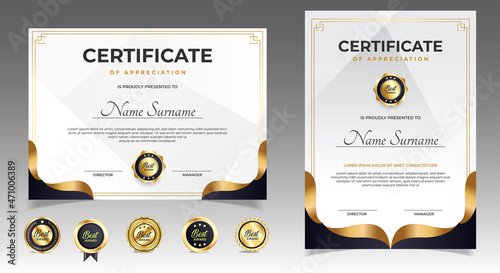 Black and gold certificate of appreciation border template with luxury badge and modern line and shapes. For award, business, and education needs. Diploma vector template
