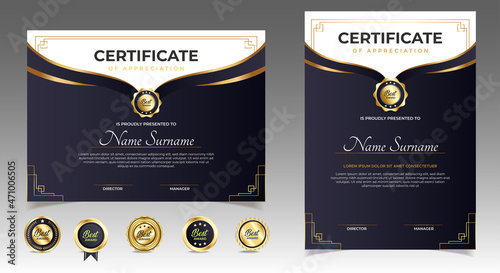 Black and gold certificate of appreciation border template with luxury badge and modern line and shapes. For award, business, and education needs. Diploma vector template