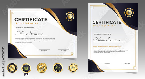 Black and gold certificate of appreciation border template with luxury badge and modern line and shapes. For award, business, and education needs. Diploma vector template