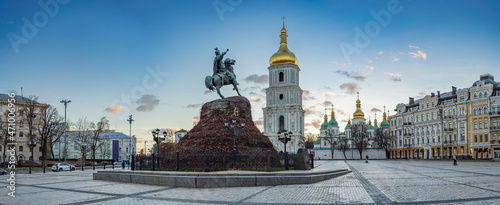 Monument to Bohdan Khmelnitsky with St. Sophia Cathedral in the background in Kiev, Ukraine photo