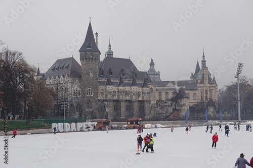 Photography BUDAPEST HUNGARY - February 21 2014: People on ice skating rink near the Vajdahunyad Castle