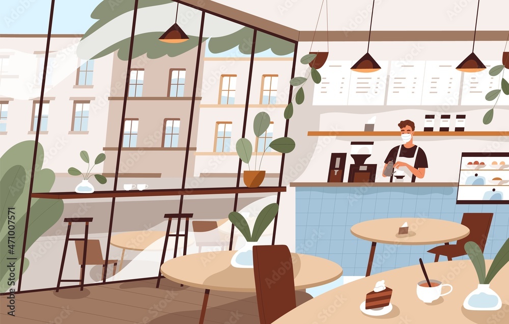 Fototapeta premium Cafe interior with barista at counter. Coffee shop with window, tables and chairs. Empty coffeehouse. Inside modern coffeeshop. Colored flat vector illustration of cozy city cafeteria with furniture