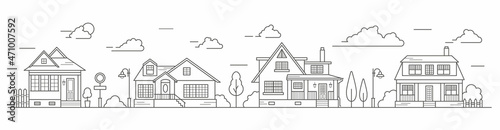 Landscape of the neighborhoods of the city, the houses of the suburbs residential area. A number of low-rise buildings of the village. Outline vector illustration.