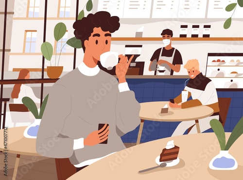 Person with coffee cup and cake in cafe. Young man drinking tea, sitting and relaxing at table in modern cafeteria. People resting in coffeeshop. Inside city coffeehouse. Flat vector illustration