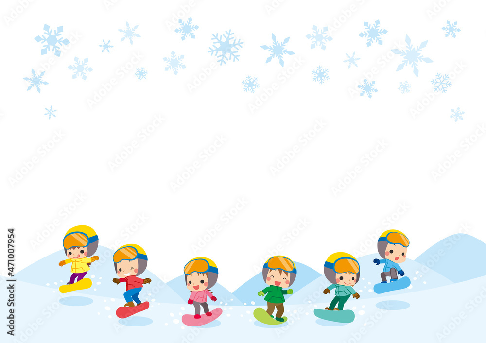 ゲレンデをスノーボードで颯爽と滑る可愛い小さな子供たちのイラスト テンプレート コピースペース Stock Vector Adobe Stock