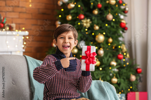 Cute little boy with gift a...