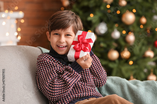 Cute little boy with gift a...