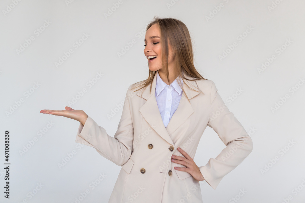 Portrait of a woman holding gesture over white background Portrait of a woman holding gesture over white background
