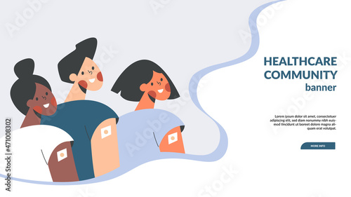 Group of diverse children after vaccine injection flat vector illustration banner. Young adult or teens vaccination. College or school immunization campaign template. Child vaccine for health immunity