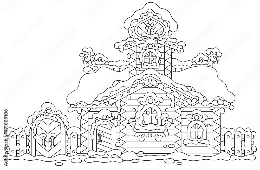 Traditional country wooden house with carved decorations covered with snow on Christmas, black and white vector cartoon illustration for a coloring book page