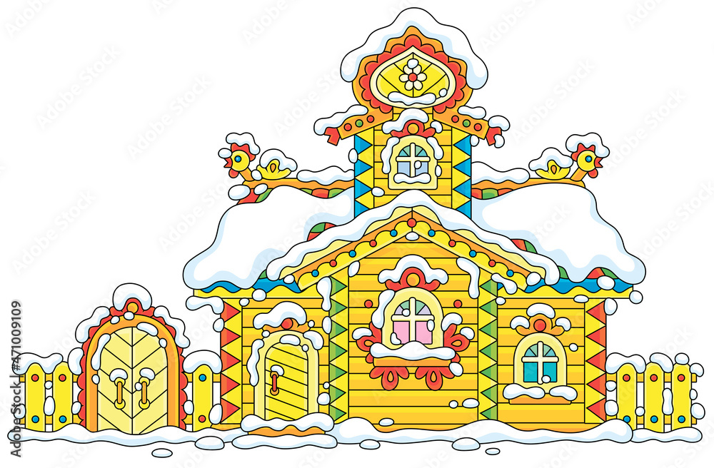 Traditional country wooden house with carved decorations covered with snow on Christmas, vector cartoon illustration isolated on a white background