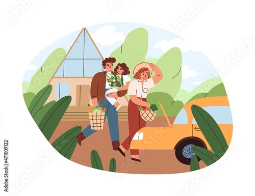 Family loading car with open trunk, preparing for travel and picnic outdoors on summer holidays. Parents and kid going to trip by auto on weekend. Flat vector illustration isolated on white background