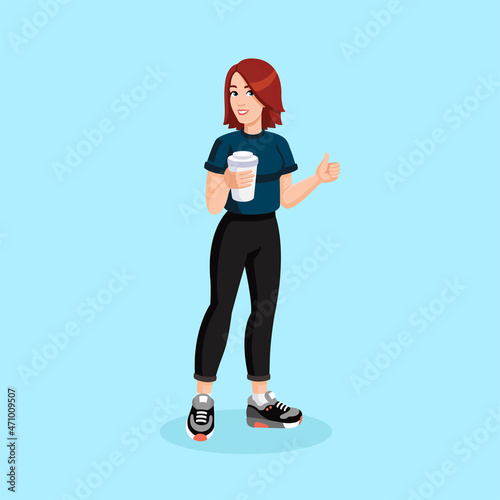 A redheaded sporty girl in sportswear with a cup of coffee in her hands, shows thumbs up. Female, cartoon, flat, vector character, mascot. Coffee to go concept.