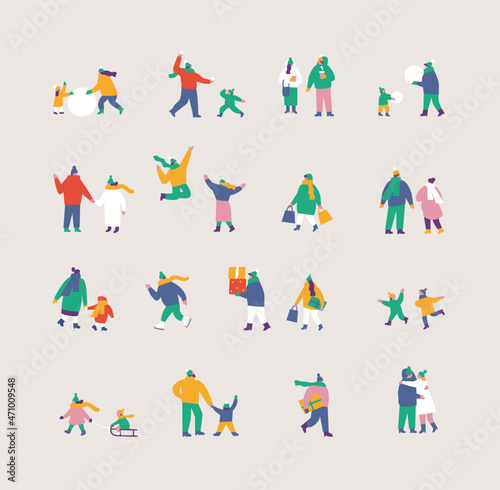 Happy people in warm clothes. Winter outdoor activities - skating, skiing, throwing snowballs, building snowman. Flat vector set