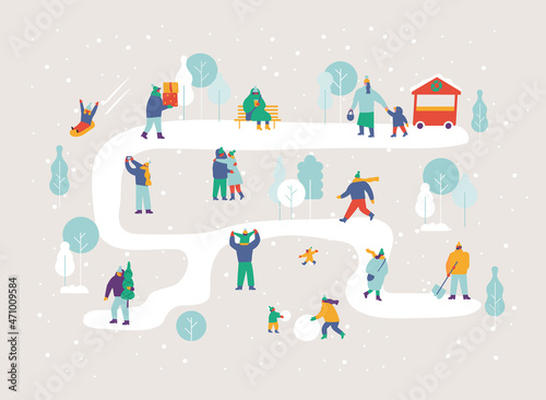 Happy people in warm clothes in snowy winter park. Background people. Winter outdoor activities - skating, skiing, throwing snowballs, building snowman. Flat  Vector people set. Files fully editable. 