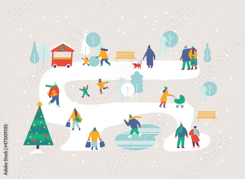 Happy people in warm clothes in snowy winter park. Background people. Winter outdoor activities - skating, skiing, throwing snowballs, building snowman. Flat Vector people set. Files fully editable. 