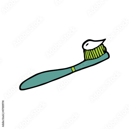 Hand drawn doodle turquoise toothbrush with white toothpaste. Vector clipart.