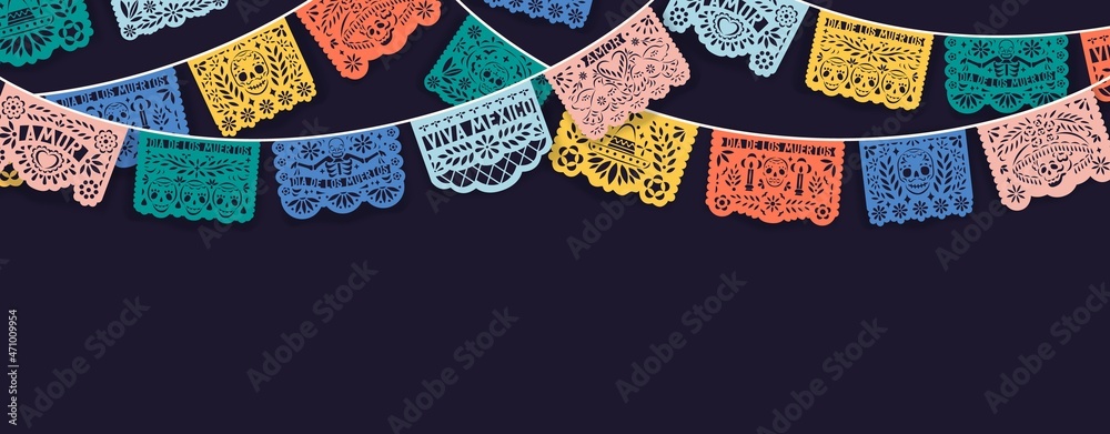Dia de los Muertos background, means Day of Dead and Death in Mexico. Banner design with Mexican ornament, papel picado, perforated laces with skulls and bones. Colored flat vector illustration