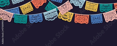 Dia de los Muertos background, means Day of Dead and Death in Mexico. Banner design with Mexican ornament, papel picado, perforated laces with skulls and bones. Colored flat vector illustration photo