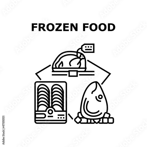 Frozen Food Vector Icon Concept. Fish Head Seafood, Raw Chicken Carcass And Sausage Or Sliced Meat Frozen Food In Packaging. Cold Nutrition Storaging In Refrigerator Black Illustration