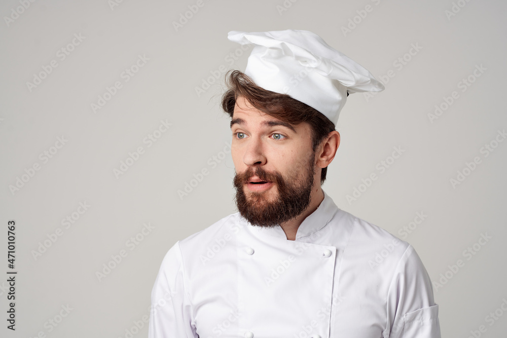 Man work uniform profession kitchen posing studio Man work uniform profession kitchen posing studio