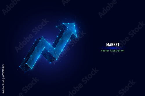Arrow rising upward symbol digital wireframe made of connected dots. Price inflation sign low poly vector illustration on blue background.