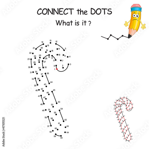 Dot to dot game. Christmas candy cane. Connect all dots and you see which winter symbol is hidden on the picture. Join the dots by numbers to draw cartoon lollypop. Education Game and Coloring Page.