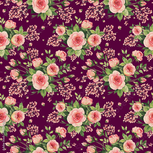 Abstract beautiful seamless print of painted flowers bouquets of roses and herbs. Beautiful print for decoration of textiles and design. Flower background. Art drawing for surface. Tenderness decor.