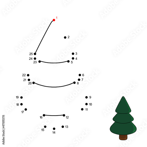 Dot to dot game with cartoon New Year Tree. Connect the dots by numbers and finish picture. Education Game with answer for kids. Coloring Page with cute vector Christmas Tree. Practice counting to 25.