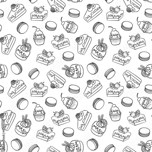 Seamless pattern with cakes and macaroons. Doodle desserts on white background. Vector illustration.