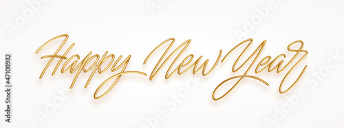 Happy New Year golden realistic 3d inscription isolated on white background. Lettering for New Year and Christmas greetings. Vector illustration