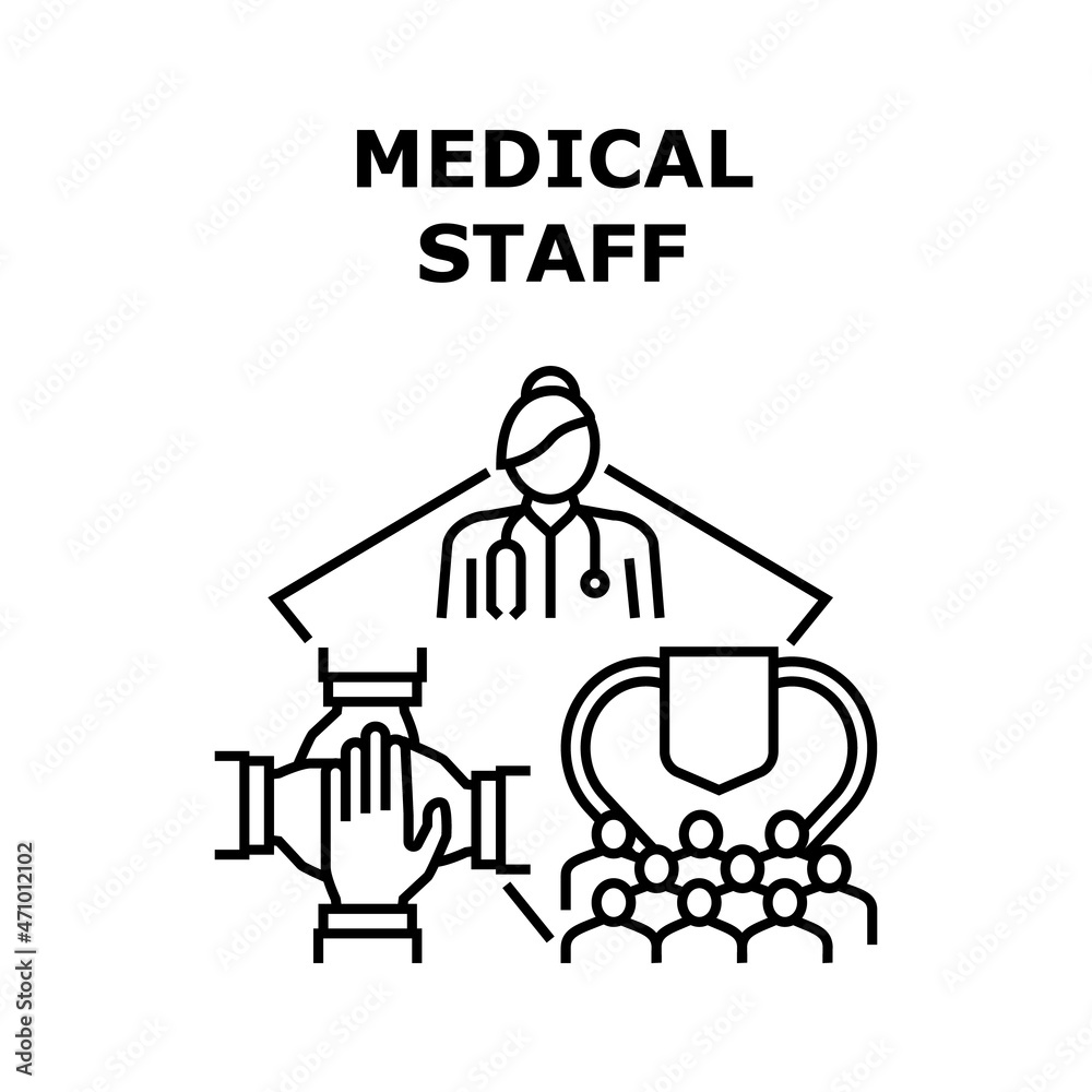 Medical Staff Vector Icon Concept. Medical Staff Doctor And Nurse, Intern And Scrub For Examining Patient Health, Analysis And Treatment Disease. Hospital Worker And Teamwork Black Illustration