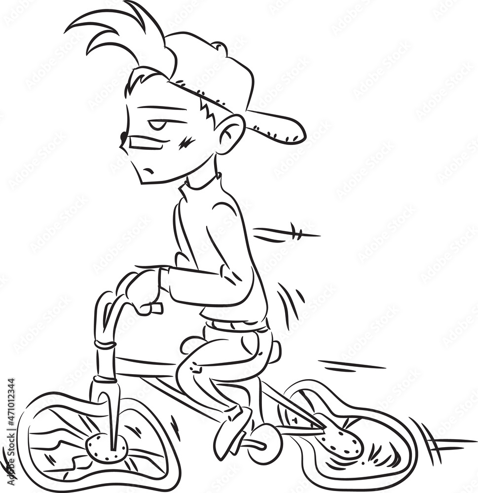A little boy using a broken bicycle with a flat expression. Contour vector illustrations. Black lines isolated on white.