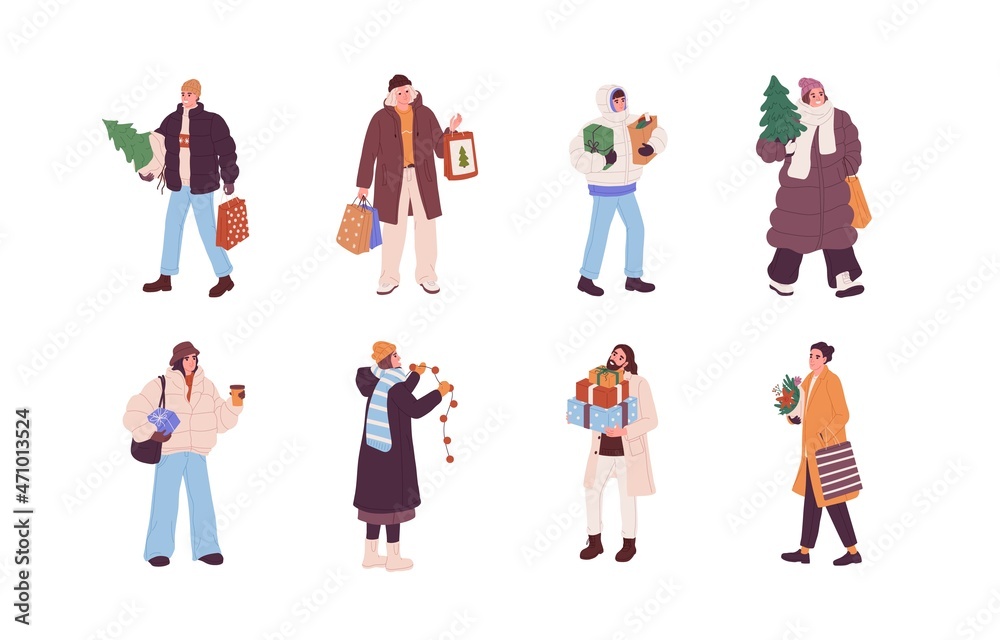 Happy people after Christmas shopping set. Men and women with gift boxes, Xmas trees and bags outdoors. Merry characters on winter holidays. Flat vector illustrations isolated on white background