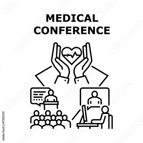 Medical Conference Vector Icon Concept. Medical Conference For Reporting Medicine Researchment And Development. Doctor Remote Online Meeting With Patient For Consultation Black Illustration