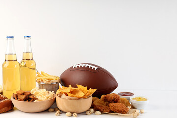Concept of Super bowl snacks on white background