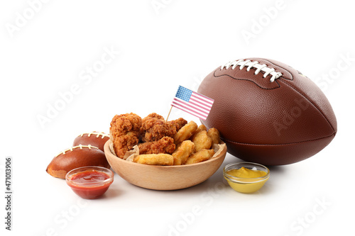 Fotografie Concept of Super bowl snacks isolated on white background