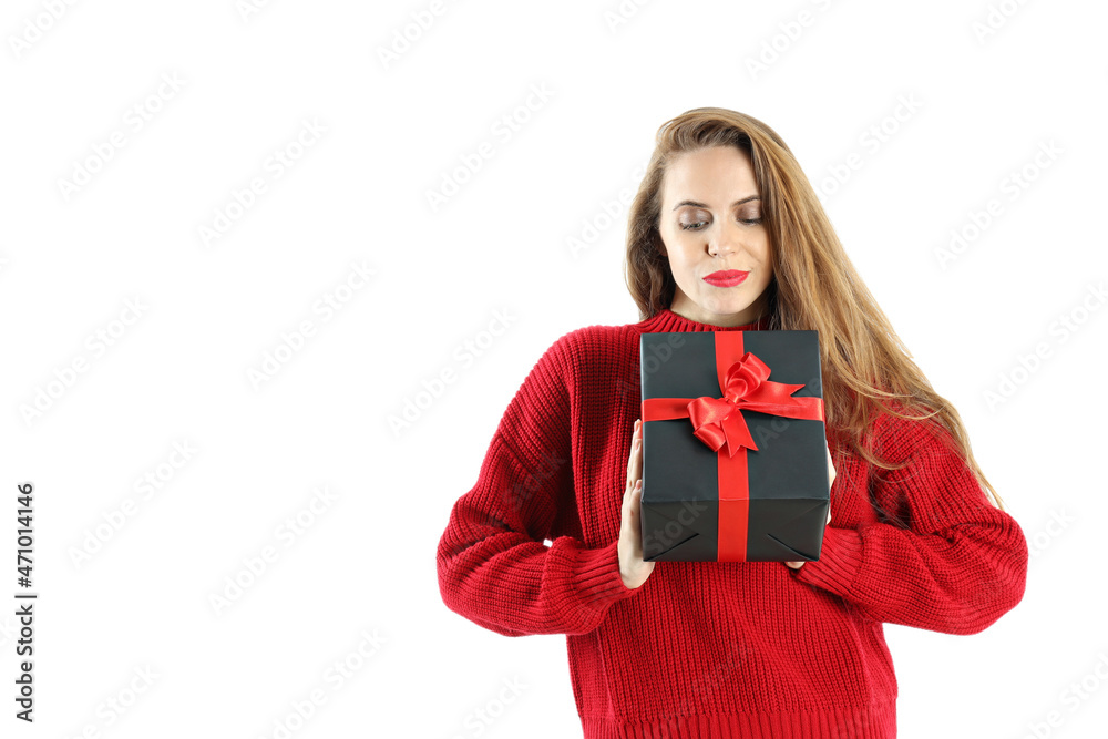 Attractive woman holds gift box, isolated on white background Attractive woman holds gift box, isolated on white background