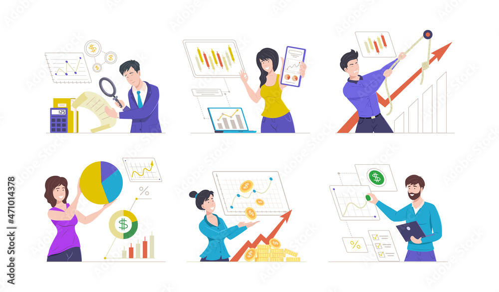 Happy successful business people presenting report startup analyzing profit with graph diagram set