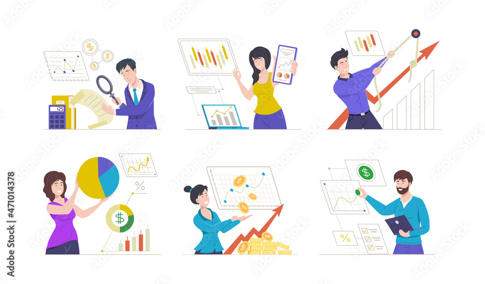 Happy successful business people presenting report startup analyzing profit with graph diagram set Happy successful business people presenting report startup analyzing profit with graph diagram set