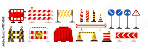 Traffic road repair barriers set. Safety barricade, roadblocks, warning alert signs. Construction fences, warning detour, repair hurdle, safety barricade warning for city street repair works