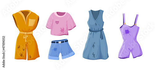 Clothes with dirt stains set. Top, hoodie, sweatshirt, dress, t- shirt, overall, shorts dirty spots