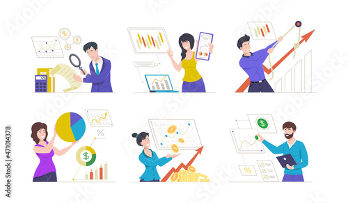 Happy successful business people presenting report startup analyzing profit with graph diagram set