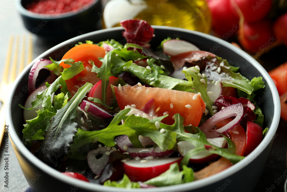 Concept of tasty food with vegetable salad with tahini sauce close up Concept of tasty food with vegetable salad with tahini sauce close up