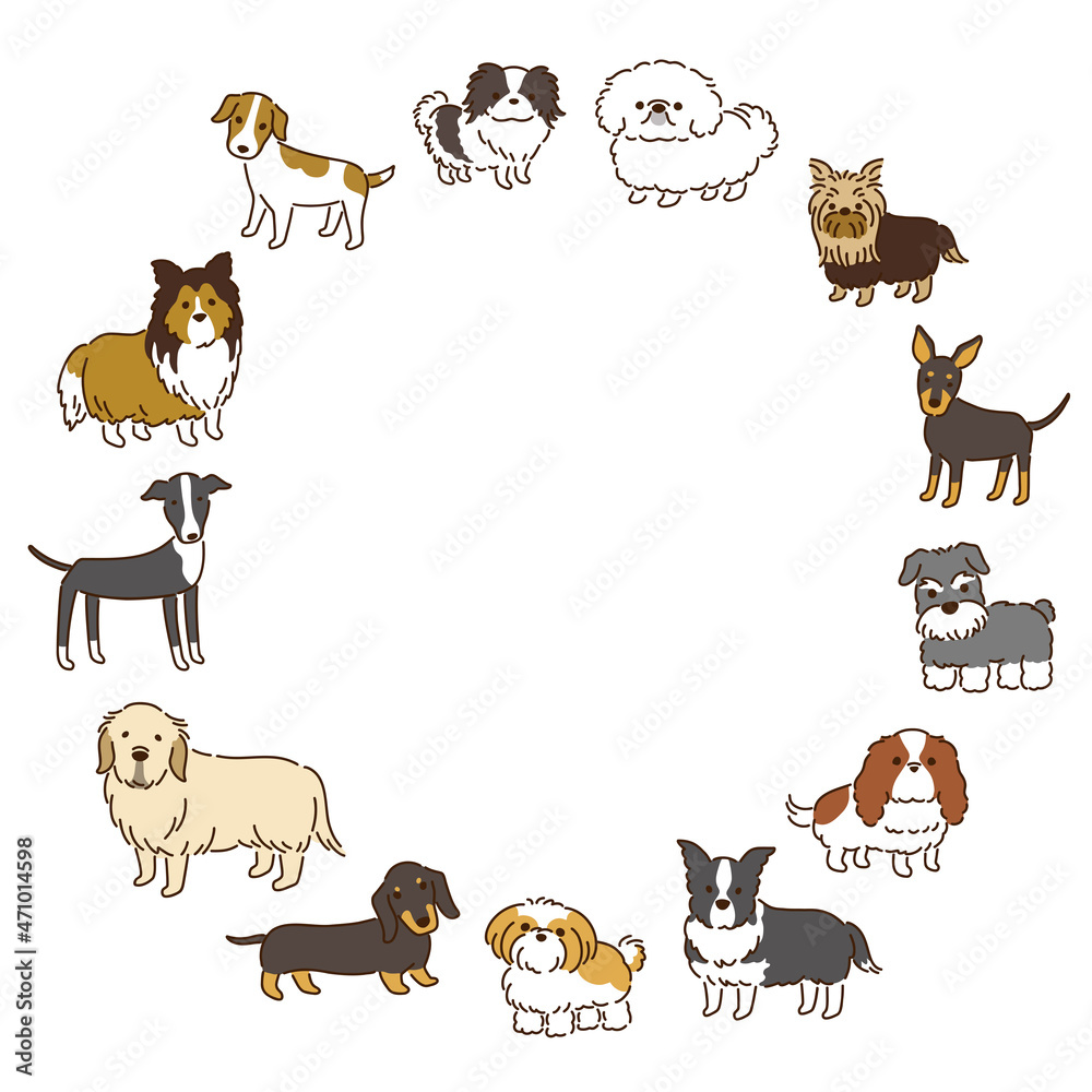 Cute dog illustration frames of various breeds／いろいろな犬種のかわいい犬イラストフレーム ...