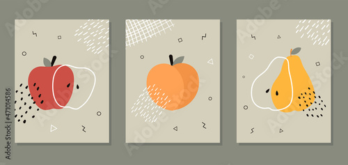 Abstract posters with fruits. Collection of contemporary art. Abstract elements, fruits and for social networks, cards, prints. Memphis style apple, peach and pear. Vector illustration