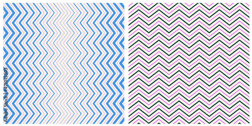 Set of vector seamless geometric patterns. Abstract vertical and horizontal zigzag stripes in pink, green and blue on a light isolated background. 