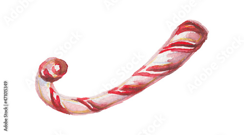 Watercolor drawing of Christmas candy - canes in red and white colors, isolated on a white background, for different types of design photo